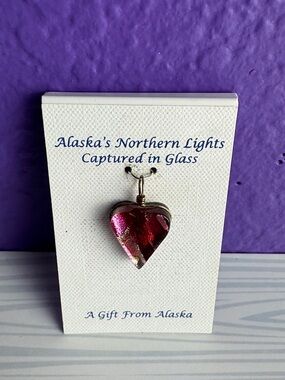 Alaska Northern Lights Glass Heart Pendant Renaissance Studio Cranberry Red NEW